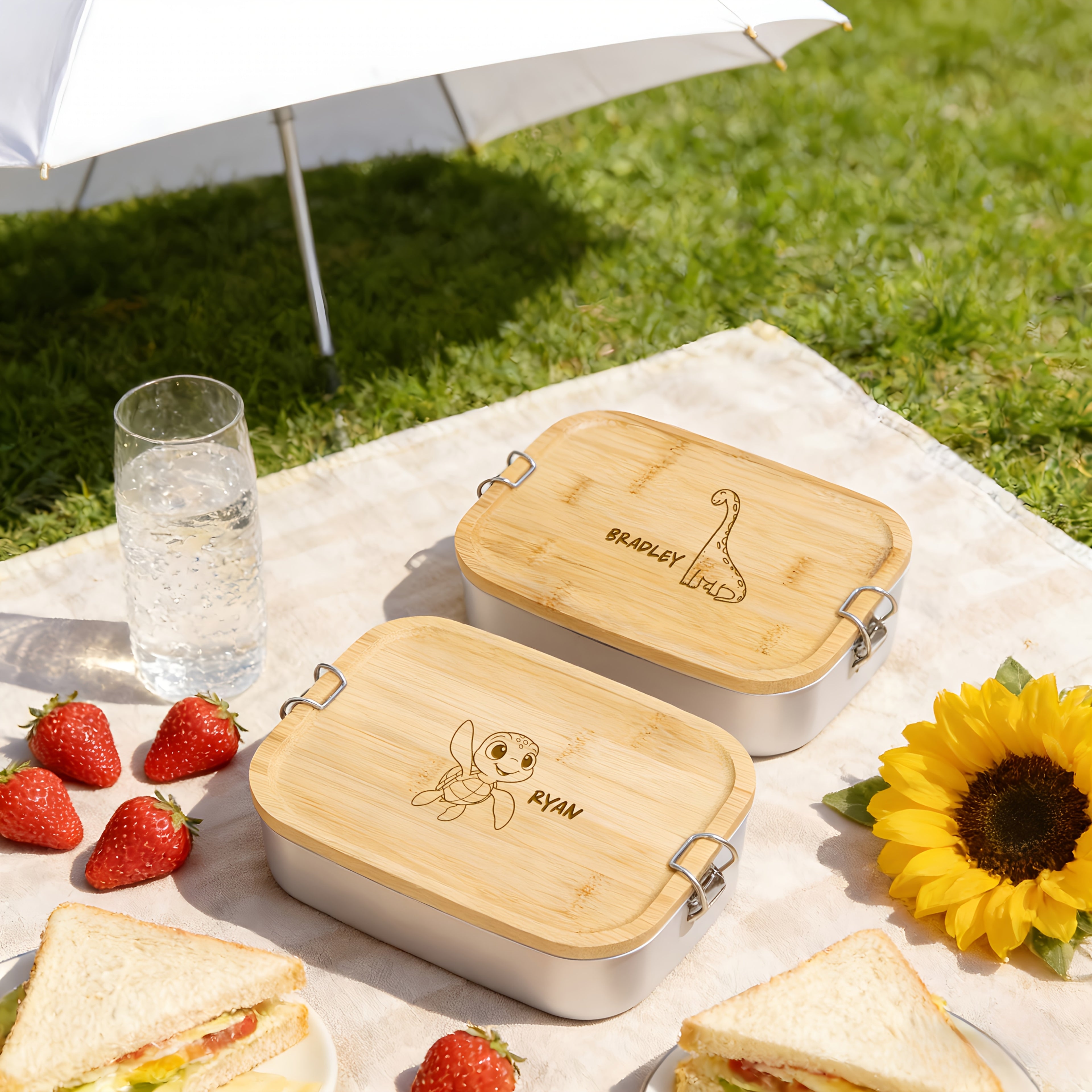 1pc Personalized Lunch Box with Name And Animal Designs, 3 Compartments, Stainless Steel Vacuum with Divider, Custom Lunch Box for Her And Him, Stainless Steel Bread Box, Bamboo Lid Snack Box, Food Container, Back to School