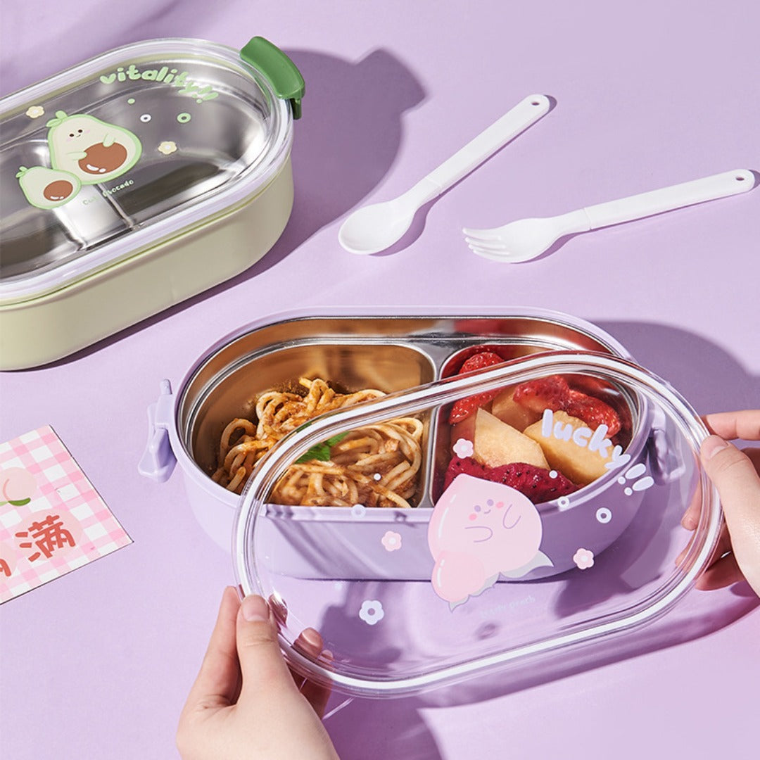 Customizable Fruit-Themed Lunch Boxes That Are Leak-Proof And Insulated, Suitable for Students, Professionals, And Outdoor Enthusiasts. Available in Stainless Steel in Pink, Purple, And Green