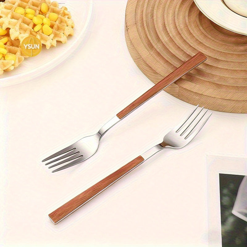 6pcs Forks with Wood Grain Plastic Handle - Heavy-Duty Utensils, 304 Stainless Fork for Pasta, Salad, Steak - Elegant Dinnerware Suitable for, Weddings, Parties (6 Pack)
