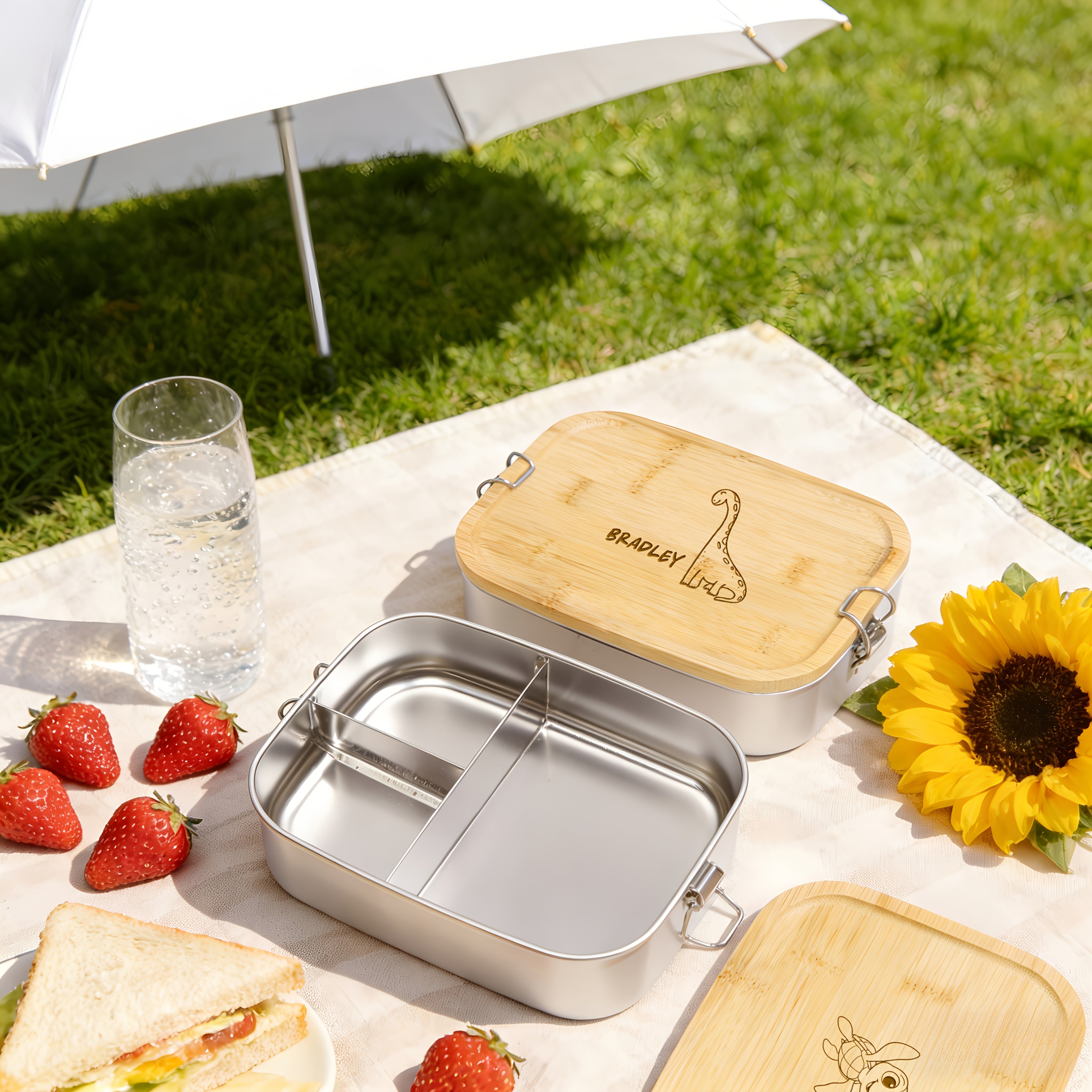 1pc Personalized Lunch Box with Name And Animal Designs, 3 Compartments, Stainless Steel Vacuum with Divider, Custom Lunch Box for Her And Him, Stainless Steel Bread Box, Bamboo Lid Snack Box, Food Container, Back to School