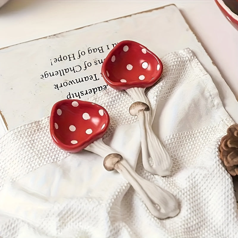 2pcs Japanese Style Ceramic Mushroom Spoons - Long Handle Red Polka Cute Mushroom-Shaped Teaspoons Suitable for Coffee, Tea, Desserts, for Home, Restaurant, Cafe Use - Utensils for &