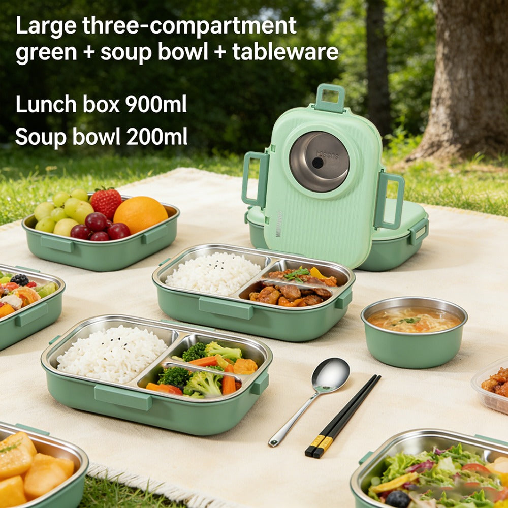 4pcs Set Double-layered Bento Box with 3 Compartments, Insulated and Leak-proof, Comes with Cutlery, Soup Bowl, and Insulated Bag, Suitable for Students, Office Workers, and Picnics
