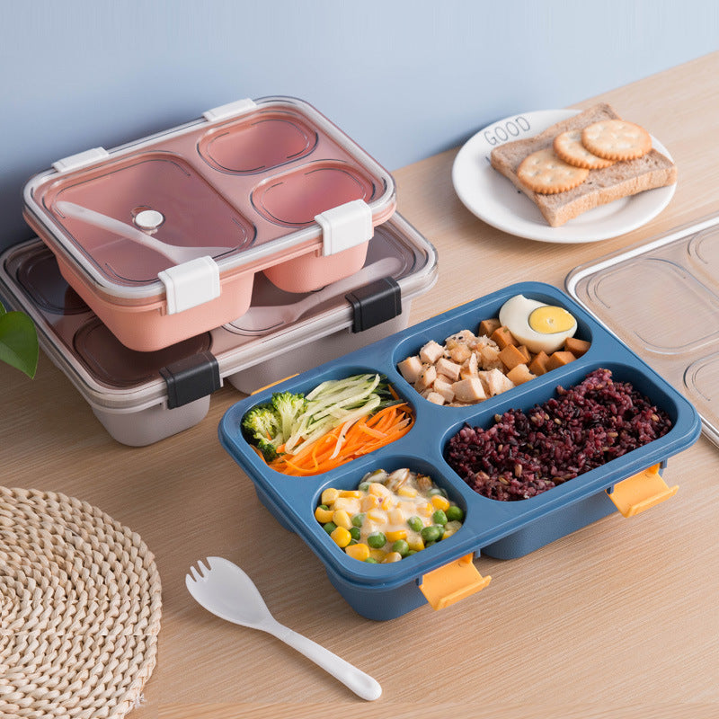 Partitioned Lunch Box with Lid Office Worker Lunch Box Plastic Microwaveable Student Compartment Lunch Box with Tableware