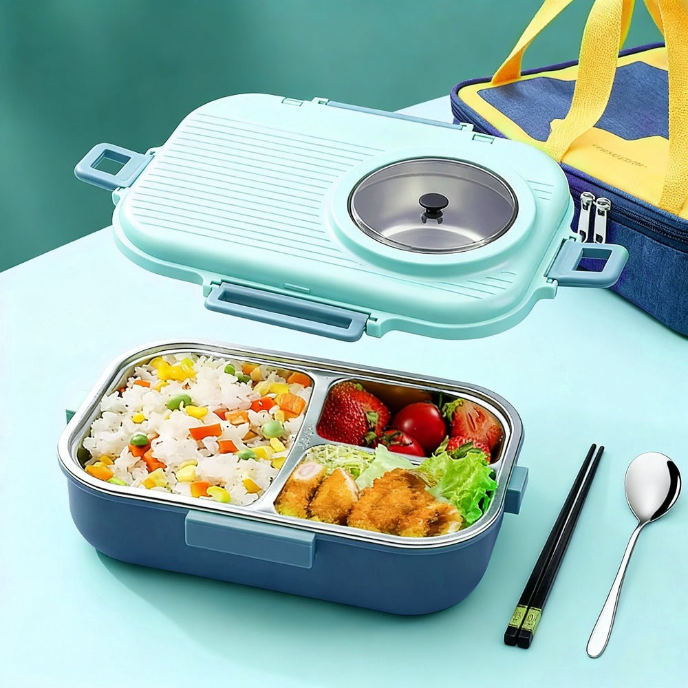 4pcs Set Double-layered Bento Box with 3 Compartments, Insulated and Leak-proof, Comes with Cutlery, Soup Bowl, and Insulated Bag, Suitable for Students, Office Workers, and Picnics