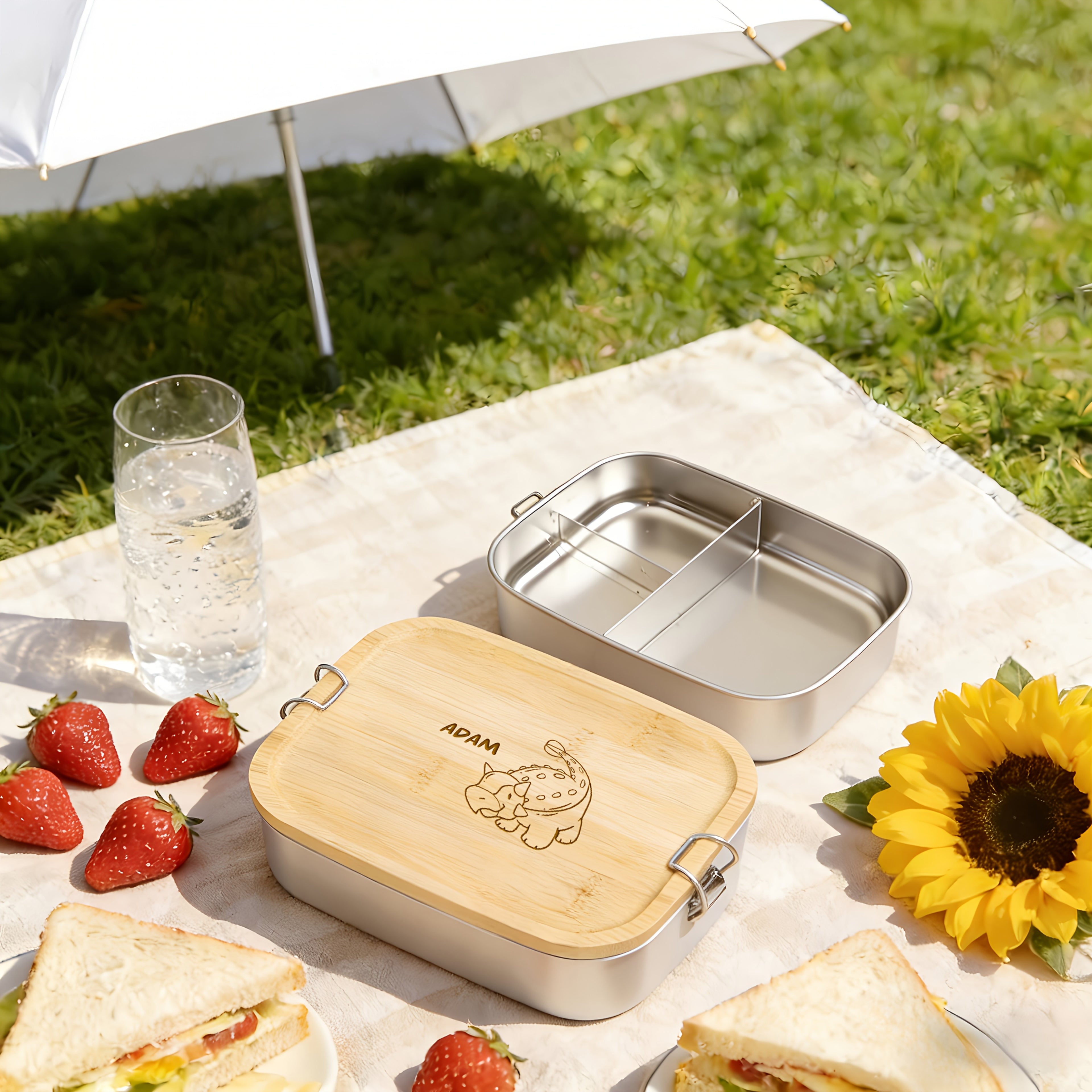 1pc Personalized Lunch Box with Name And Animal Designs, 3 Compartments, Stainless Steel Vacuum with Divider, Custom Lunch Box for Her And Him, Stainless Steel Bread Box, Bamboo Lid Snack Box, Food Container, Back to School