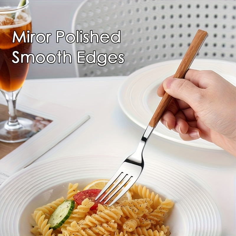 6pcs Forks with Wood Grain Plastic Handle - Heavy-Duty Utensils, 304 Stainless Fork for Pasta, Salad, Steak - Elegant Dinnerware Suitable for, Weddings, Parties (6 Pack)