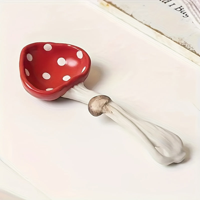 2pcs Japanese Style Ceramic Mushroom Spoons - Long Handle Red Polka Cute Mushroom-Shaped Teaspoons Suitable for Coffee, Tea, Desserts, for Home, Restaurant, Cafe Use - Utensils for &