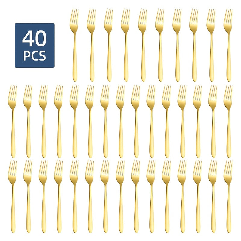 40pcs Golden Stainless Steel Wedding Forks, Western Dinner Forks, Household Silvery Forks, Steak, Fruit, And Dessert Forks. Suitable for Parties And Gatherings