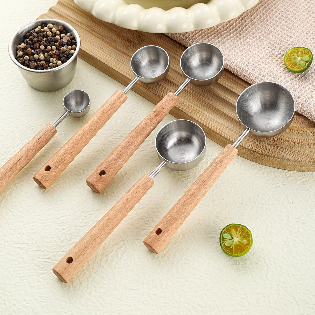 1pc Food Grade 304 Stainless Steel Measuring Spoon with Beech Wood Handle Coffee Bean Scoop Kitchen Baking Accessory Milk Powder Dosing Spoon Sanded Finish Fixed Quantity Spoon