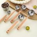 1pc Food Grade 304 Stainless Steel Measuring Spoon with Beech Wood Handle Coffee Bean Scoop Kitchen Baking Accessory Milk Powder Dosing Spoon Sanded Finish Fixed Quantity Spoon