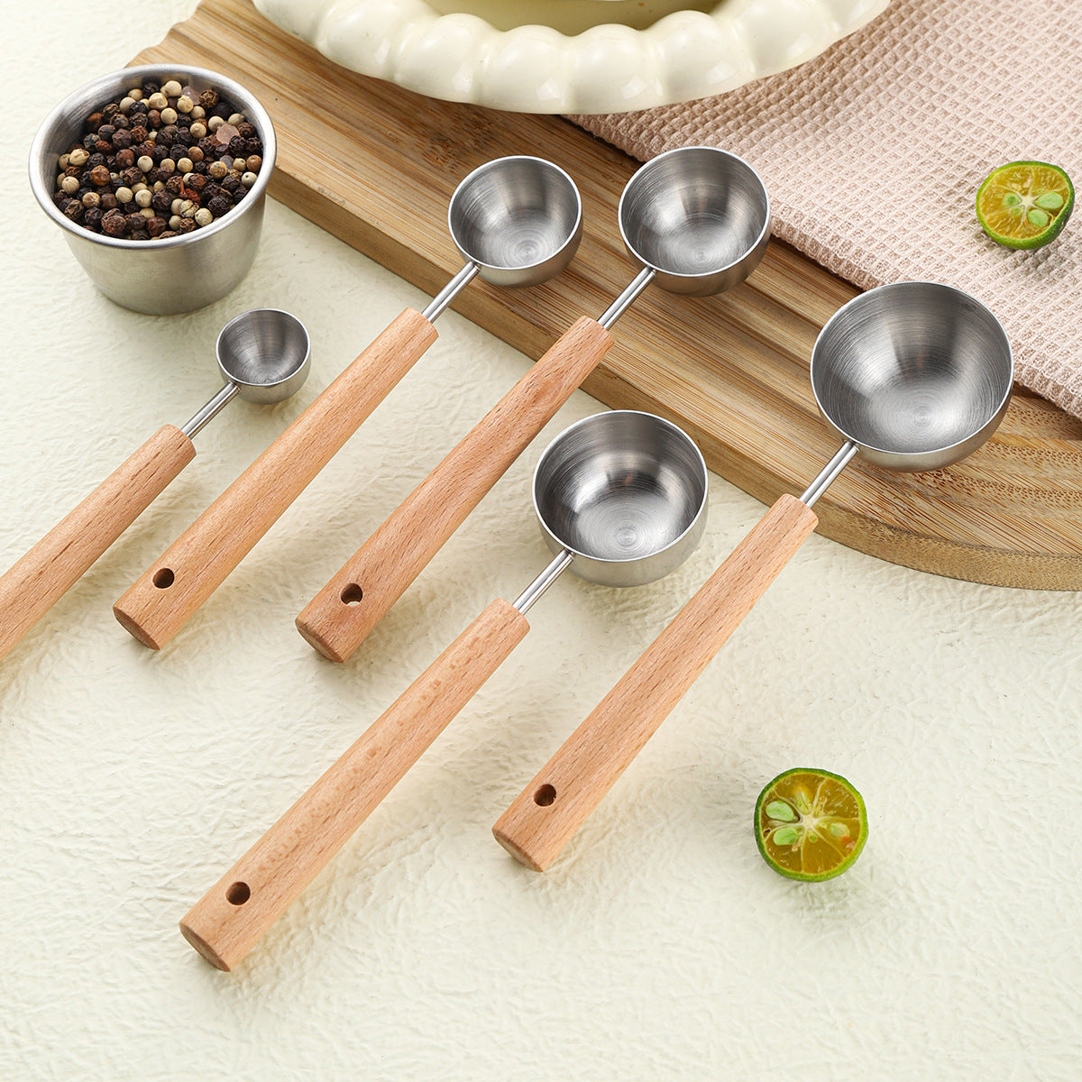 1pc Food Grade 304 Stainless Steel Measuring Spoon with Beech Wood Handle Coffee Bean Scoop Kitchen Baking Accessory Milk Powder Dosing Spoon Sanded Finish Fixed Quantity Spoon
