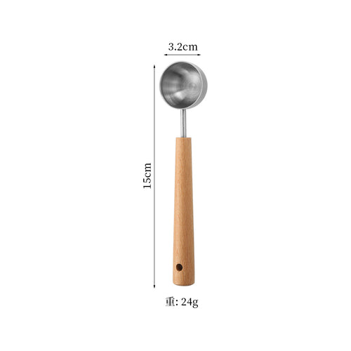 1pc Food Grade 304 Stainless Steel Measuring Spoon with Beech Wood Handle Coffee Bean Scoop Kitchen Baking Accessory Milk Powder Dosing Spoon Sanded Finish Fixed Quantity Spoon