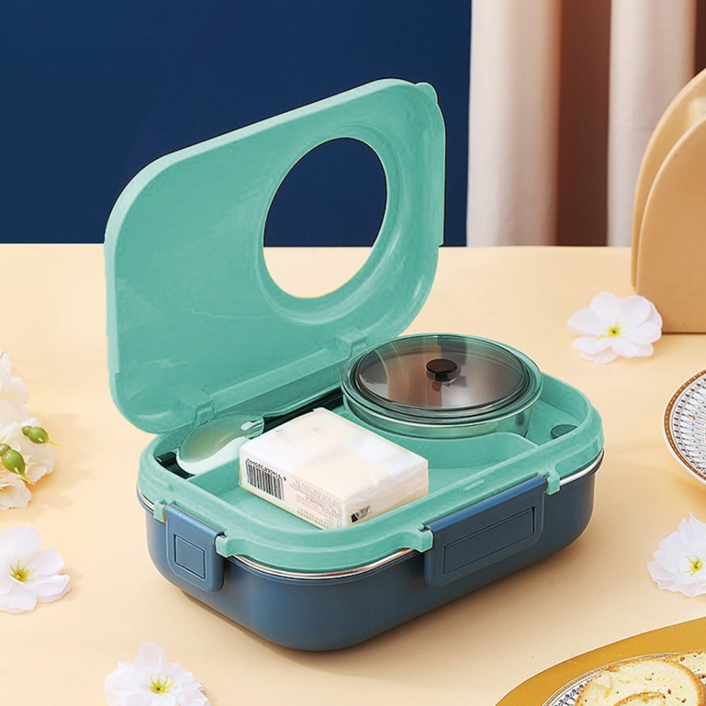 4pcs Set Double-layered Bento Box with 3 Compartments, Insulated and Leak-proof, Comes with Cutlery, Soup Bowl, and Insulated Bag, Suitable for Students, Office Workers, and Picnics