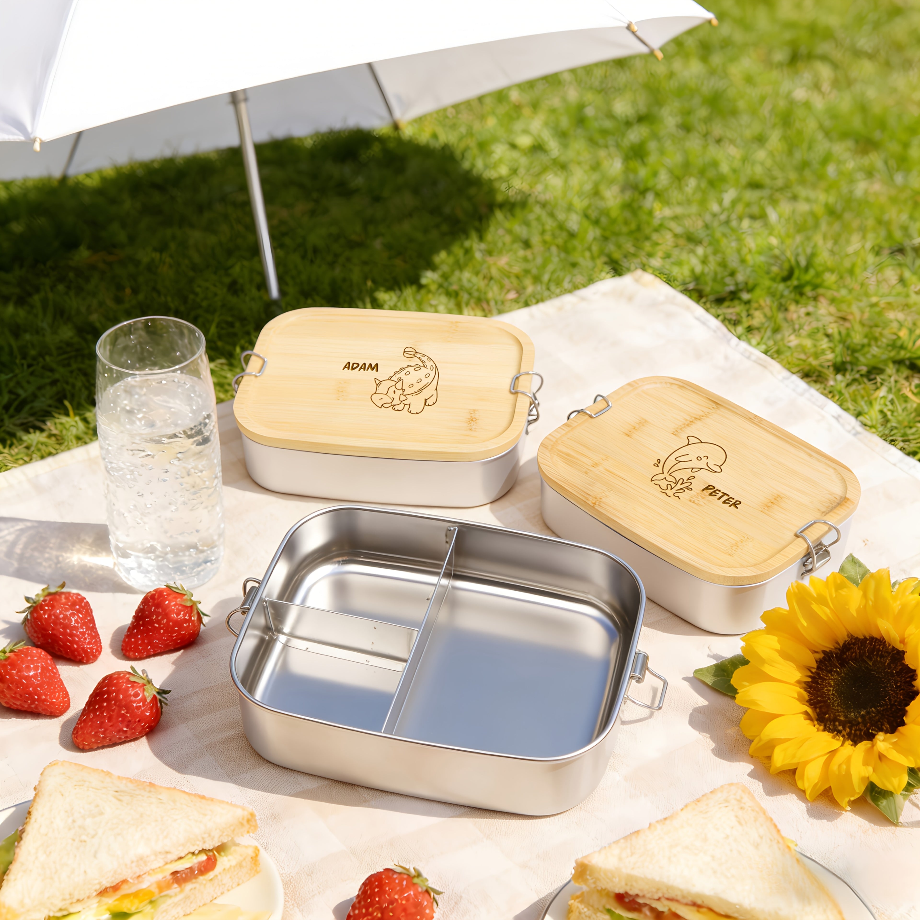 1pc Personalized Lunch Box with Name And Animal Designs, 3 Compartments, Stainless Steel Vacuum with Divider, Custom Lunch Box for Her And Him, Stainless Steel Bread Box, Bamboo Lid Snack Box, Food Container, Back to School