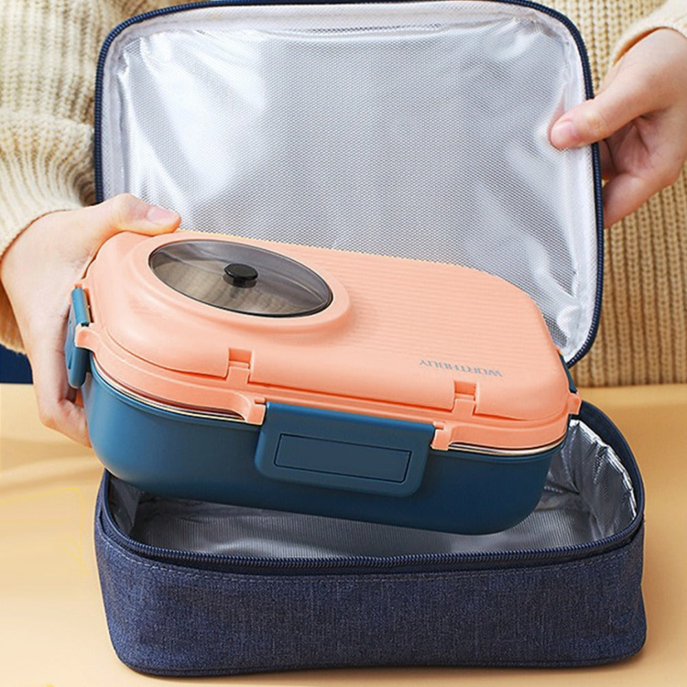 4pcs Set Double-layered Bento Box with 3 Compartments, Insulated and Leak-proof, Comes with Cutlery, Soup Bowl, and Insulated Bag, Suitable for Students, Office Workers, and Picnics