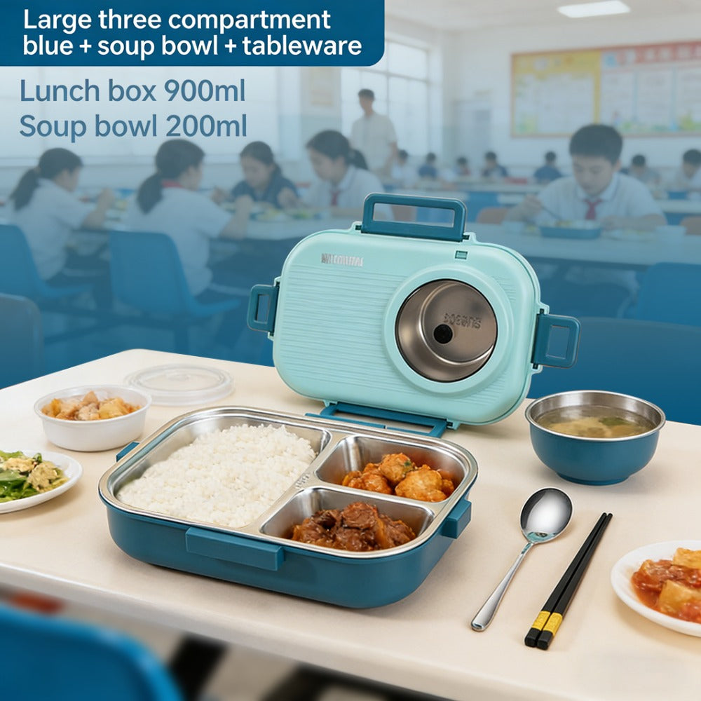 4pcs Set Double-layered Bento Box with 3 Compartments, Insulated and Leak-proof, Comes with Cutlery, Soup Bowl, and Insulated Bag, Suitable for Students, Office Workers, and Picnics
