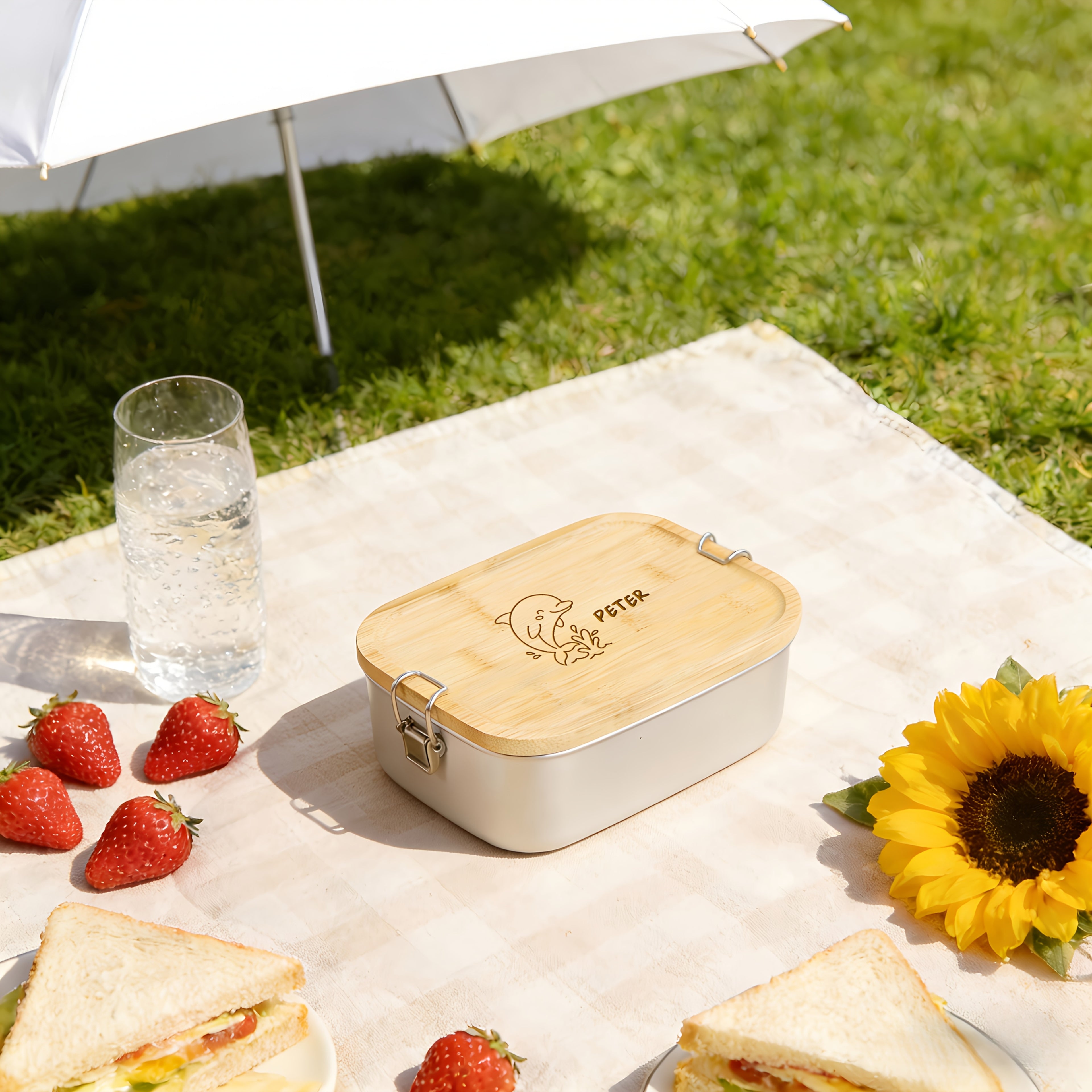 1pc Personalized Lunch Box with Name And Animal Designs, 3 Compartments, Stainless Steel Vacuum with Divider, Custom Lunch Box for Her And Him, Stainless Steel Bread Box, Bamboo Lid Snack Box, Food Container, Back to School