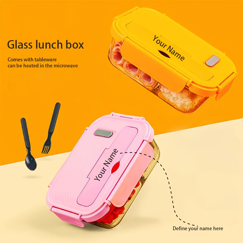 Customizable Text and Name Microwave-Safe Glass Lunch Box with Utensils, Ideal for Office Workers and Students - Essential Back-to-School Bento Container