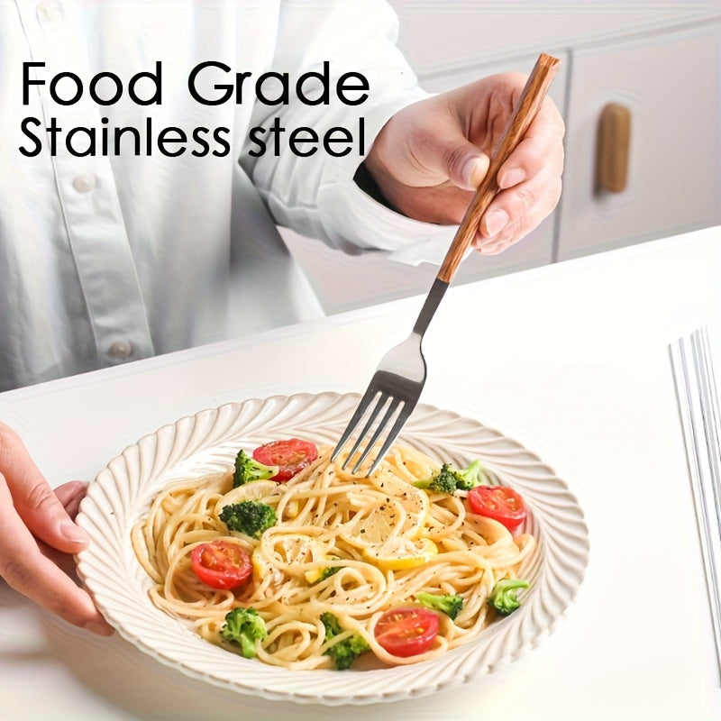 6pcs Forks with Wood Grain Plastic Handle - Heavy-Duty Utensils, 304 Stainless Fork for Pasta, Salad, Steak - Elegant Dinnerware Suitable for, Weddings, Parties (6 Pack)