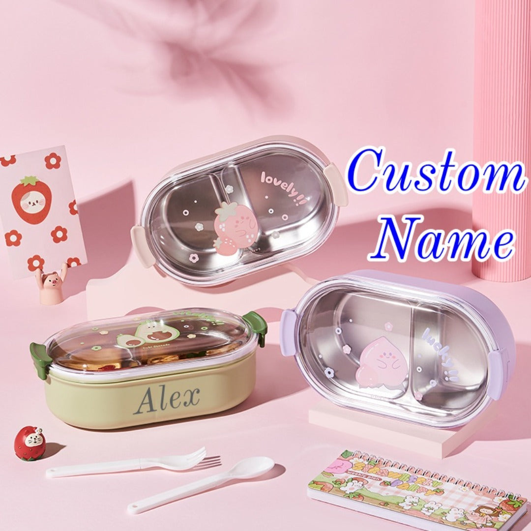 Customizable Fruit-Themed Lunch Boxes That Are Leak-Proof And Insulated, Suitable for Students, Professionals, And Outdoor Enthusiasts. Available in Stainless Steel in Pink, Purple, And Green