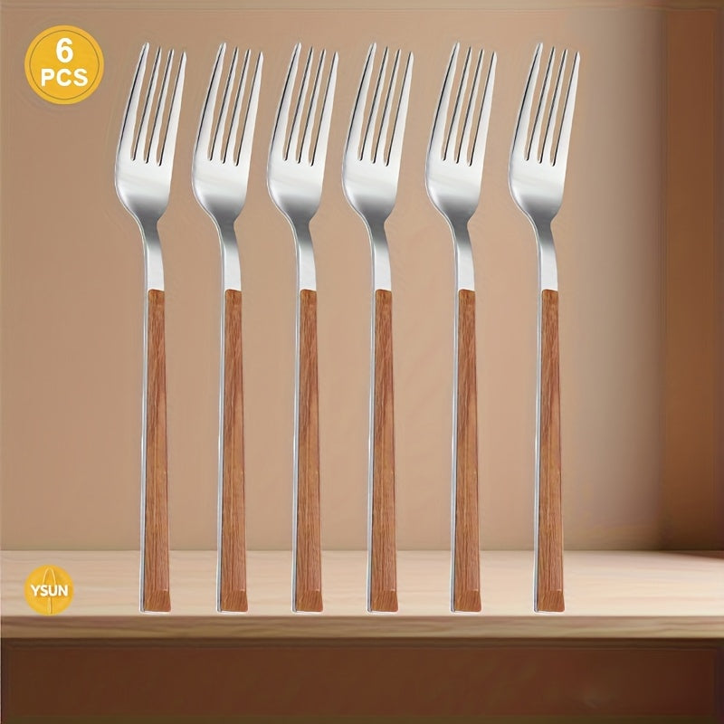 6pcs Forks with Wood Grain Plastic Handle - Heavy-Duty Utensils, 304 Stainless Fork for Pasta, Salad, Steak - Elegant Dinnerware Suitable for, Weddings, Parties (6 Pack)