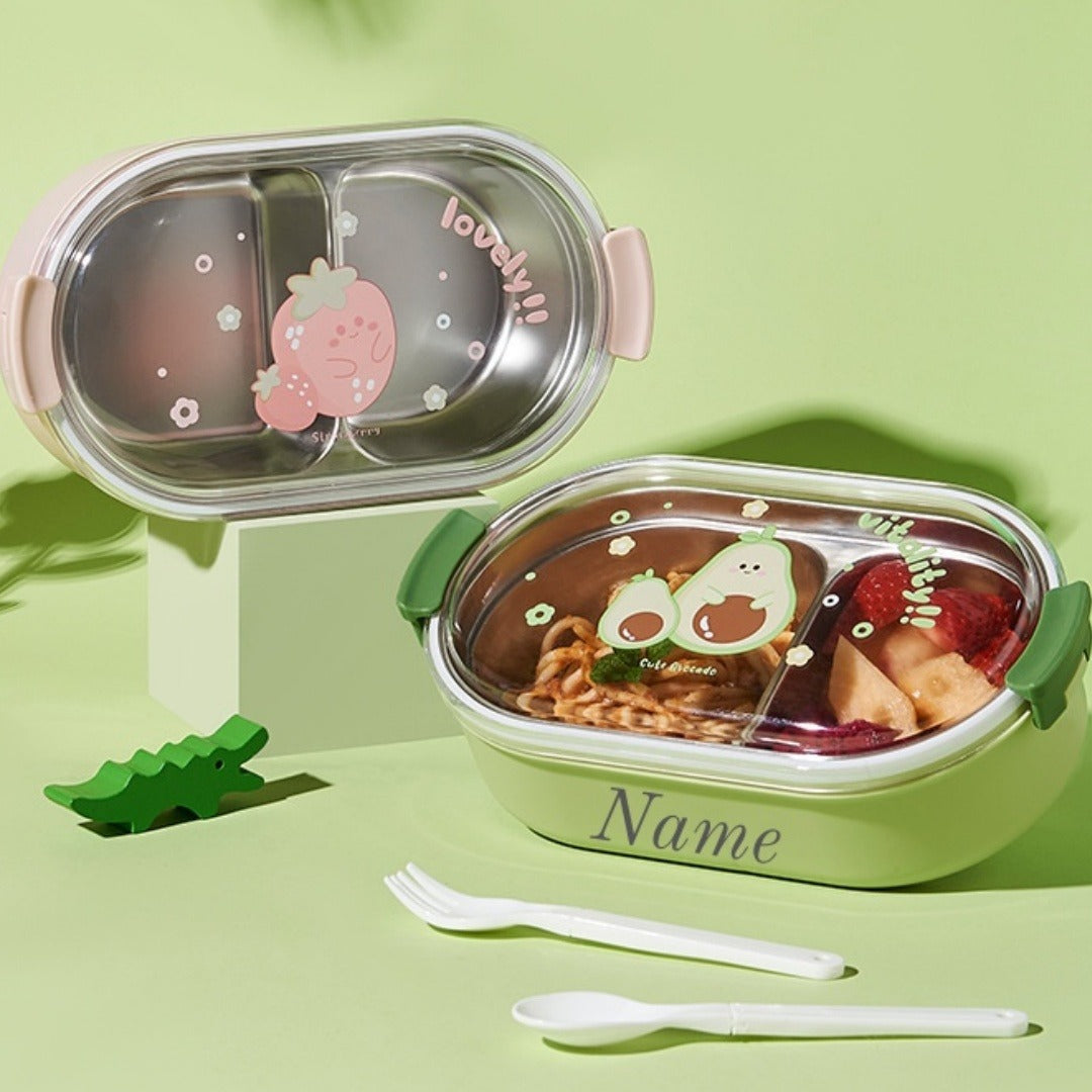 Customizable Fruit-Themed Lunch Boxes That Are Leak-Proof And Insulated, Suitable for Students, Professionals, And Outdoor Enthusiasts. Available in Stainless Steel in Pink, Purple, And Green