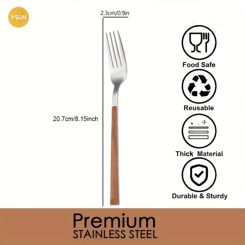 6pcs Forks with Wood Grain Plastic Handle - Heavy-Duty Utensils, 304 Stainless Fork for Pasta, Salad, Steak - Elegant Dinnerware Suitable for, Weddings, Parties (6 Pack)