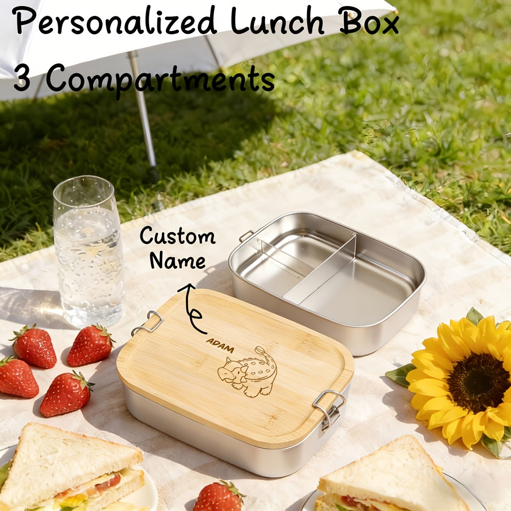 1pc Personalized Lunch Box with Name And Animal Designs, 3 Compartments, Stainless Steel Vacuum with Divider, Custom Lunch Box for Her And Him, Stainless Steel Bread Box, Bamboo Lid Snack Box, Food Container, Back to School